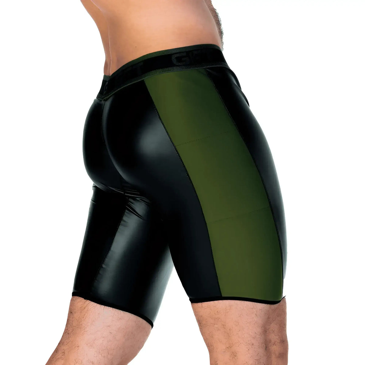 Black and olive green patent leather shorts with a sleek glossy finish in the gigo 2 fetiche green trunk long style