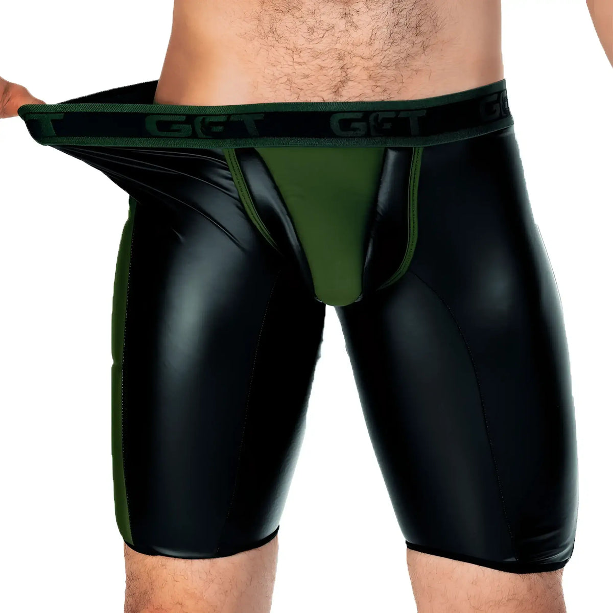 Black and olive green shiny latex briefs with get logo waistband from gigo 2 fetiche green trunk long collection