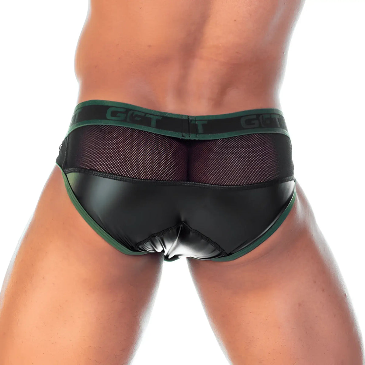 Black and green gigo 2 fetiche zipper brief with shiny faux leather front panel and mesh sides