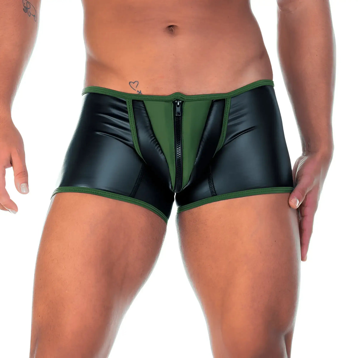 Black and green faux leather Gigo 2 Fetiche green zipper trunk briefs with central zipper design