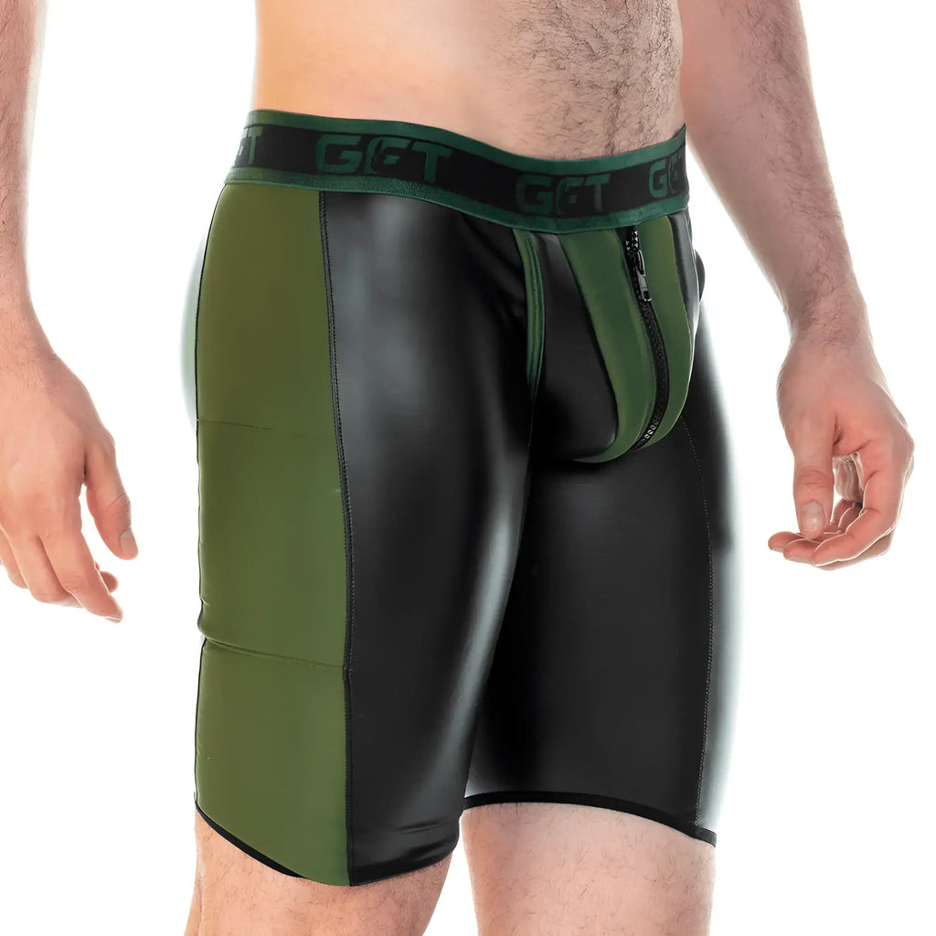 Black and olive green latex shorts with front zipper from gigo 2 fetiche green zipper trunk long collection