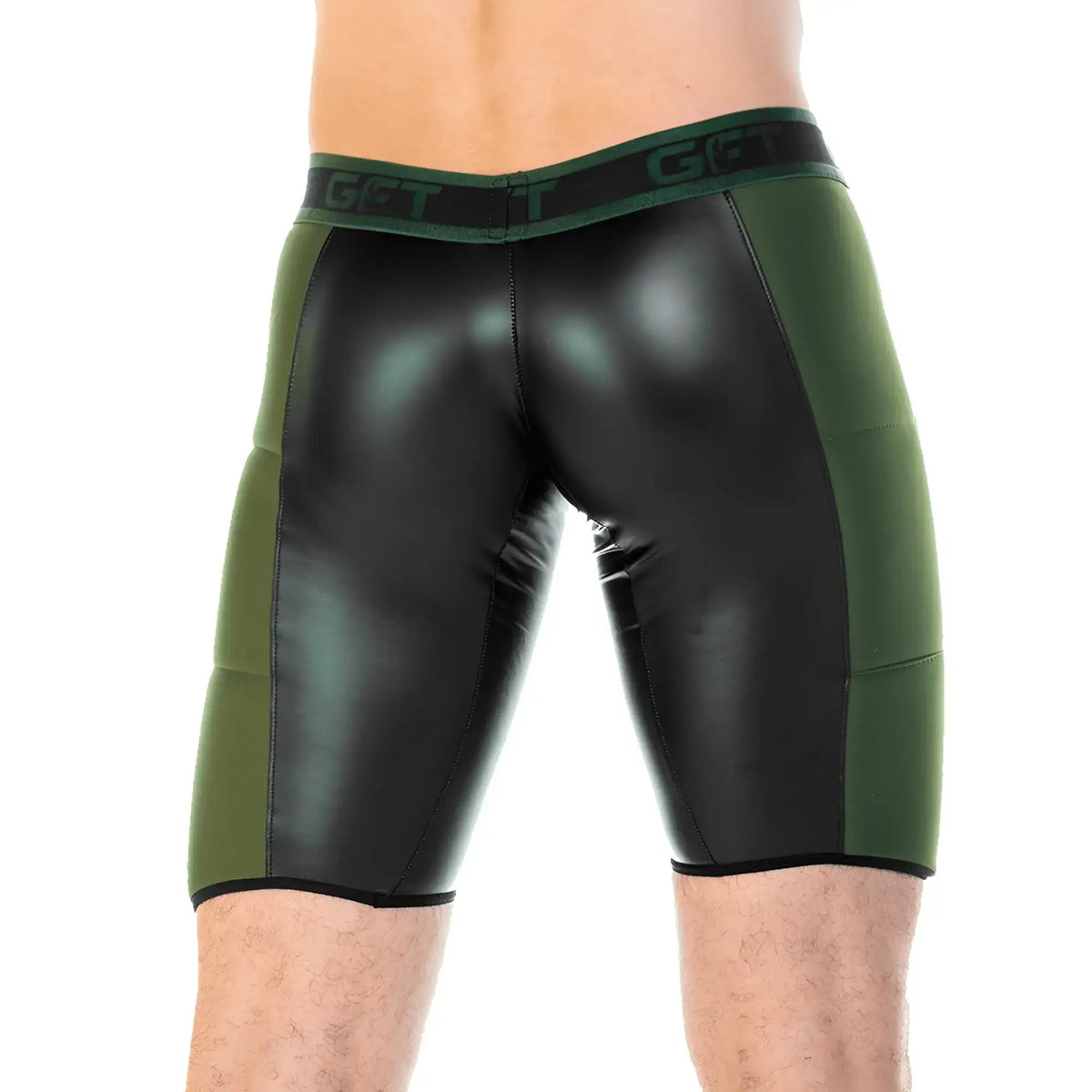 Black and olive green patent leather shorts with matching elastic waistband featuring get logo gigo 2 fetiche green