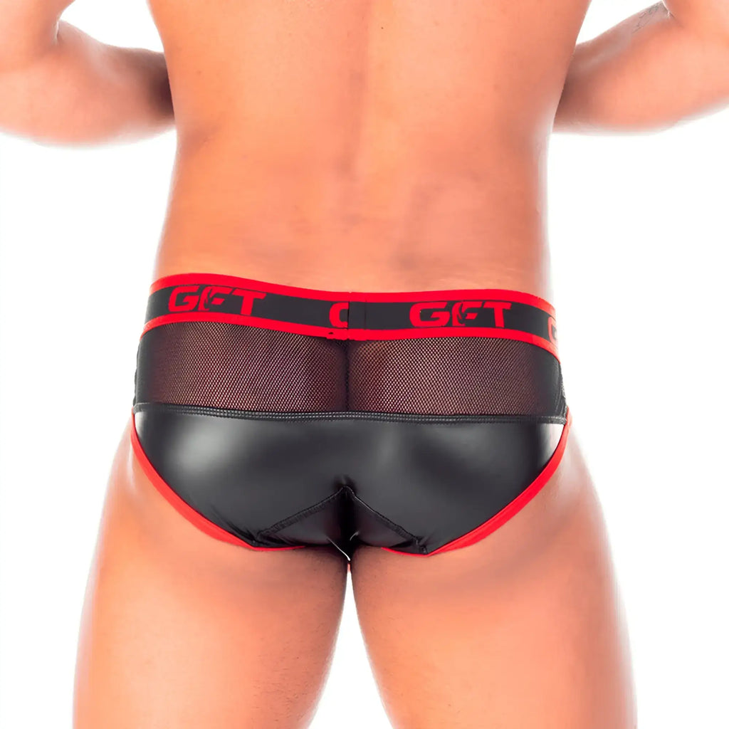 Gigo 2 fetiche red brief black and red mesh briefs with shiny faux leather front and get logo waistband