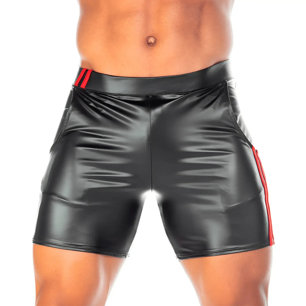 Gigo 2 Fetiche red short black shiny faux leather shorts with red side stripes and matching waistband front view