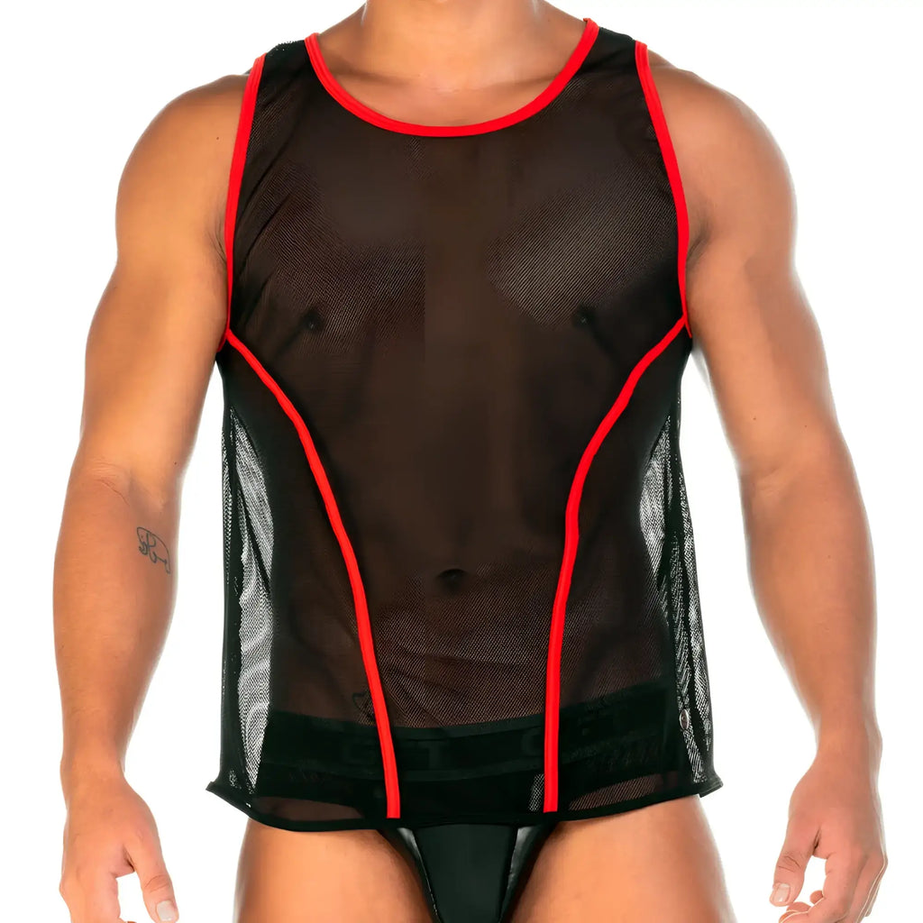 Black mesh tank top with red trim gigo 2 fetiche red tank highlighting breathable material and bold colour contrast