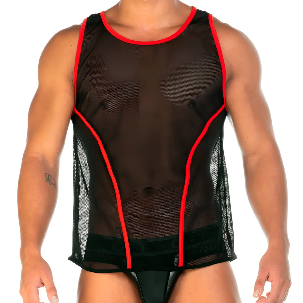 Black mesh tank top with red trim gigo 2 fetiche red tank highlighting breathable material and bold colour contrast