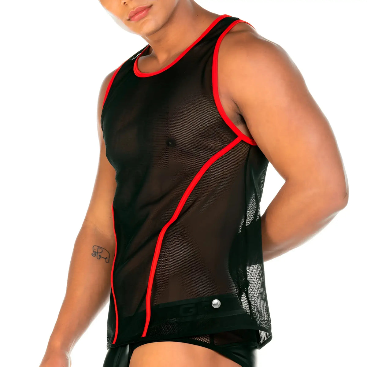 Black mesh tank top with red trim from Gigo 2 Fetiche red tank featuring breathable mesh fabric and vibrant accents