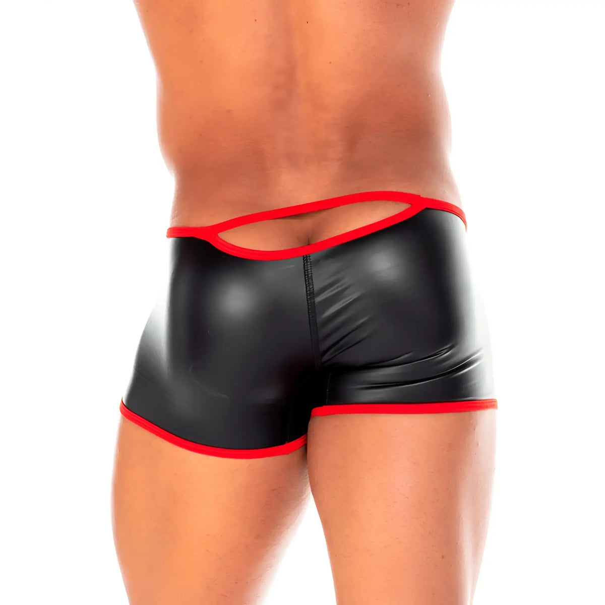 Black patent leather shorts gigo 2 fetiche red trunk with bold red trim on waistband and leg openings