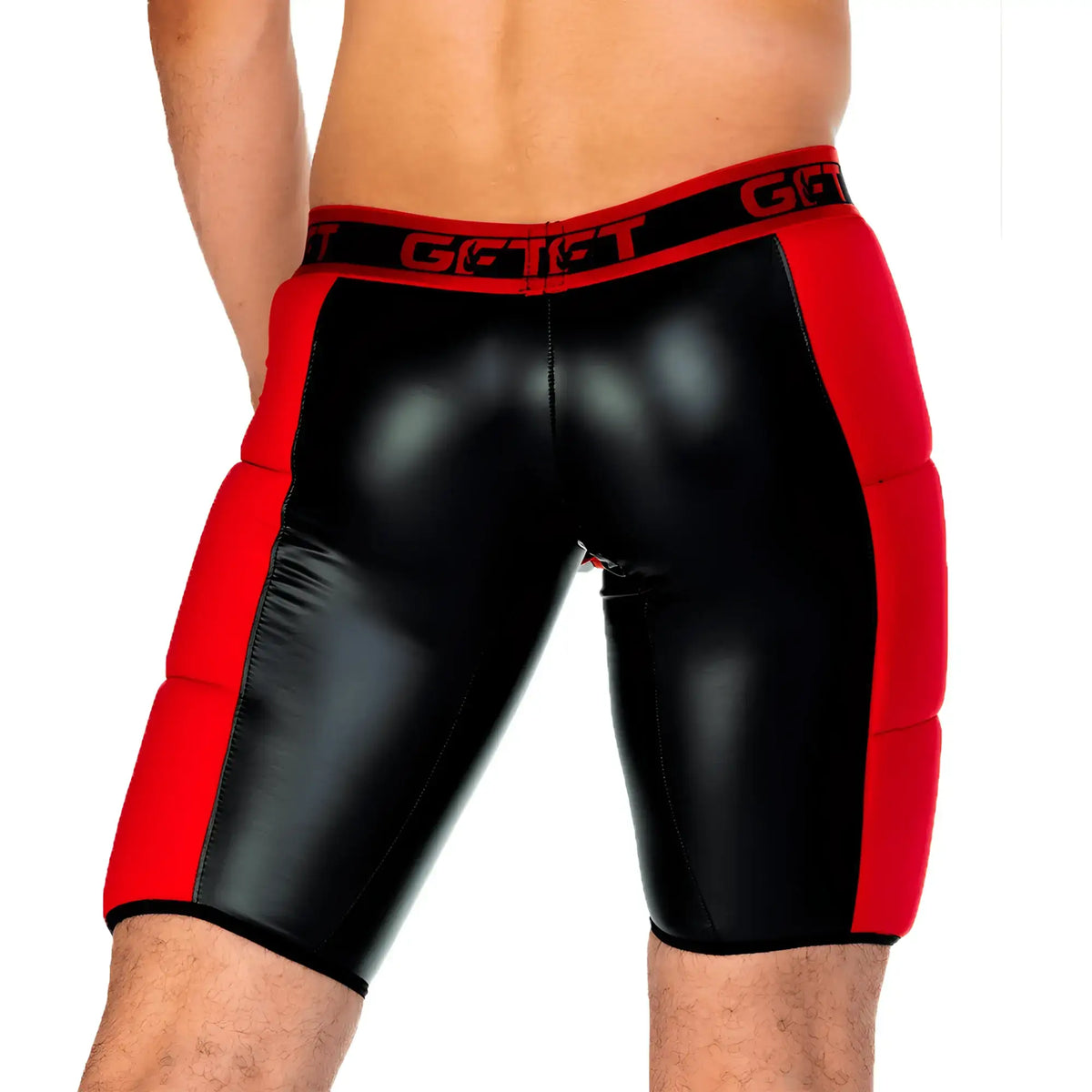 Black and red glossy padded shorts with branded waistband gigo 2 fetiche red trunk long front view