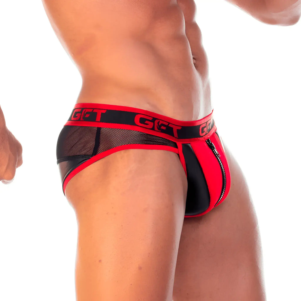 Red and black mesh briefs with zipper detail from gigo 2 fetiche for a bold and edgy look