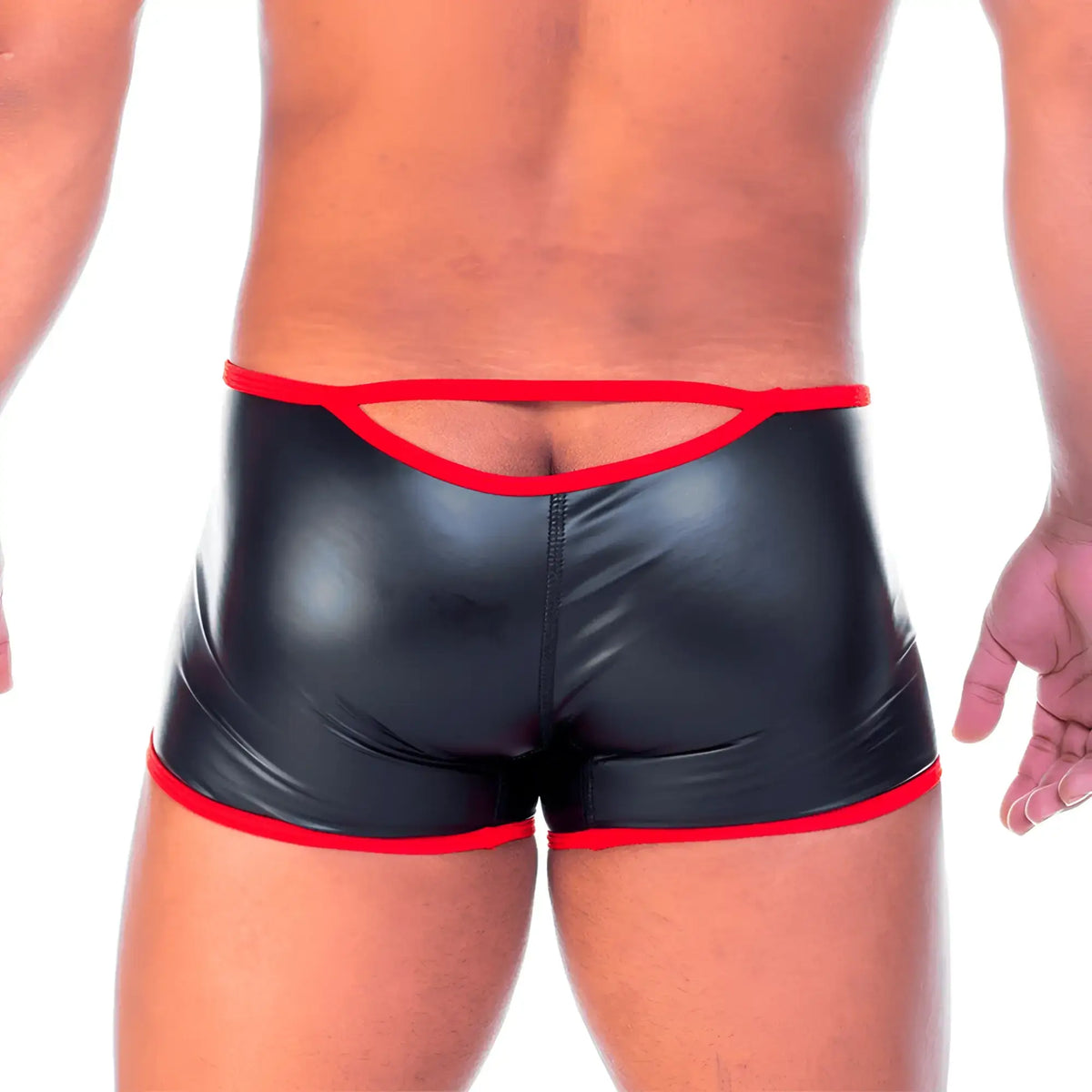 Black patent leather briefs with bold red trim on waistband and legs from gigo 2 fetiche red zipper trunk collection