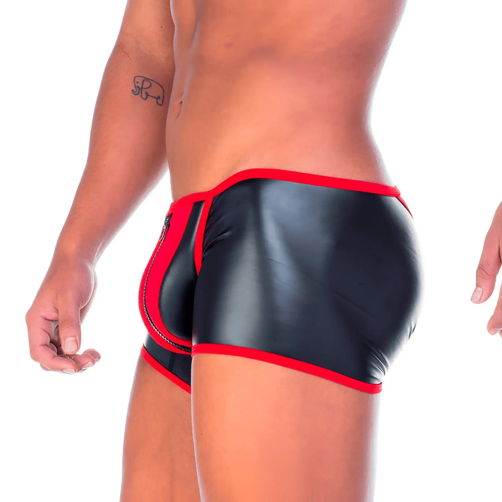 Black and red shiny latex briefs with a bold sleek design featuring a front zipper from gigo 2 fetiche trunk collection
