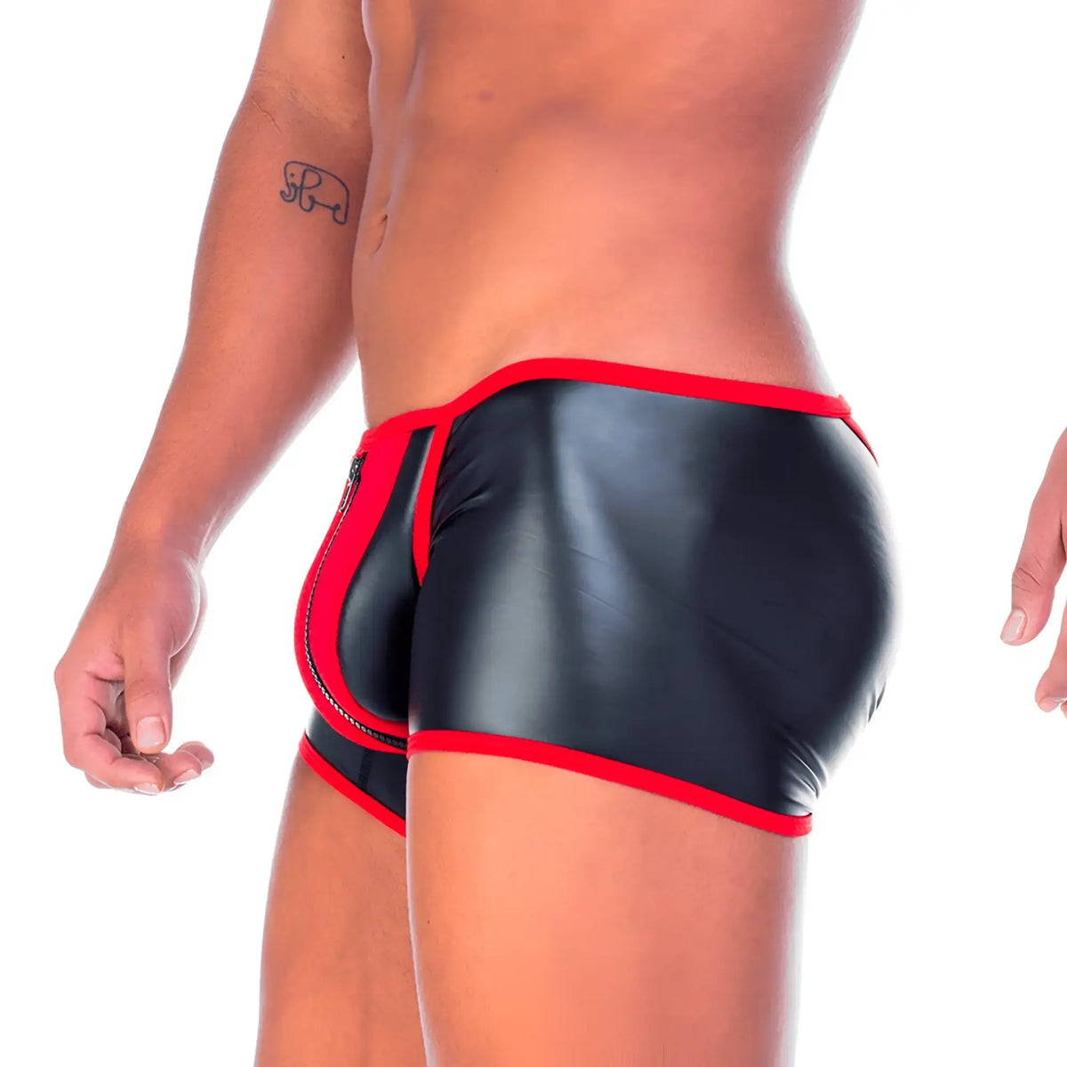 Black and red shiny latex briefs with a bold sleek design featuring a front zipper from gigo 2 fetiche trunk collection