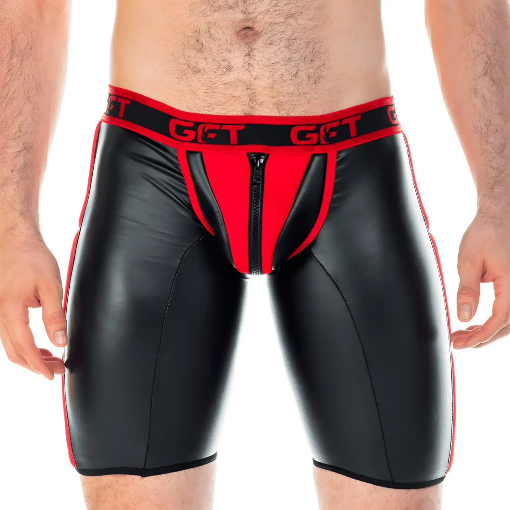 Black and red faux leather briefs with front zipper and get branded waistband gigo 2 fetiche red zipper trunk long