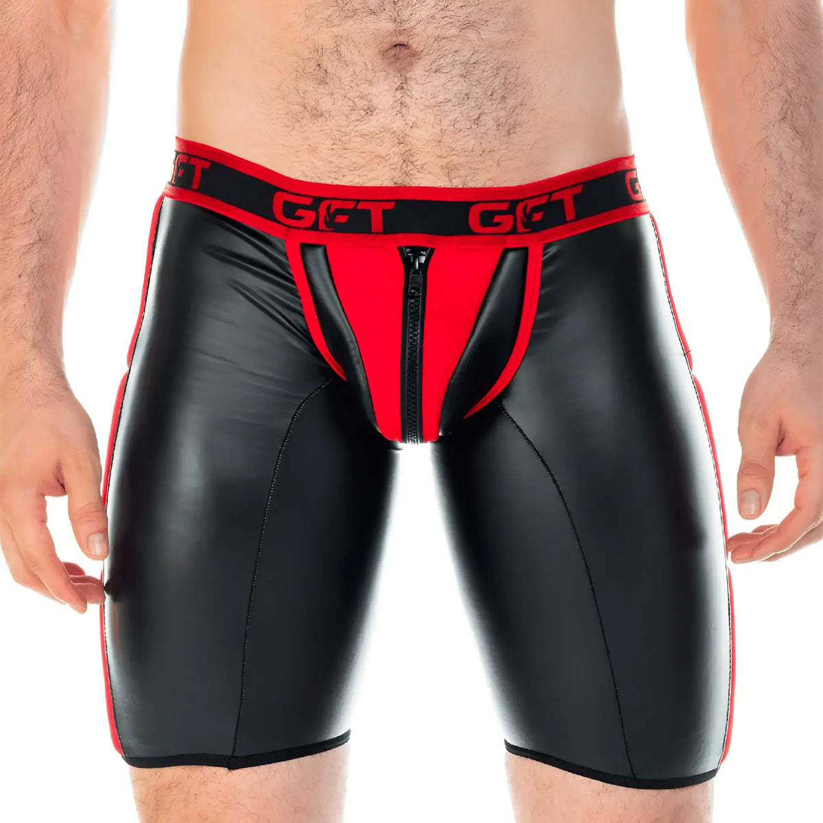 Black and red faux leather briefs with front zipper and get branded waistband gigo 2 fetiche red zipper trunk long