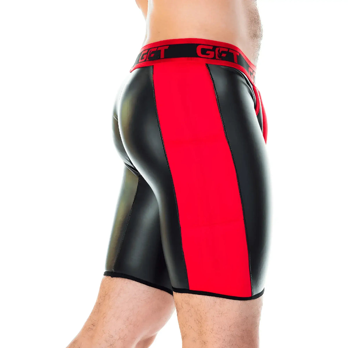 Black and red glossy Gigo 2 Fetiche red zipper trunk long athletic shorts with bold vertical stripe and get logo waistband