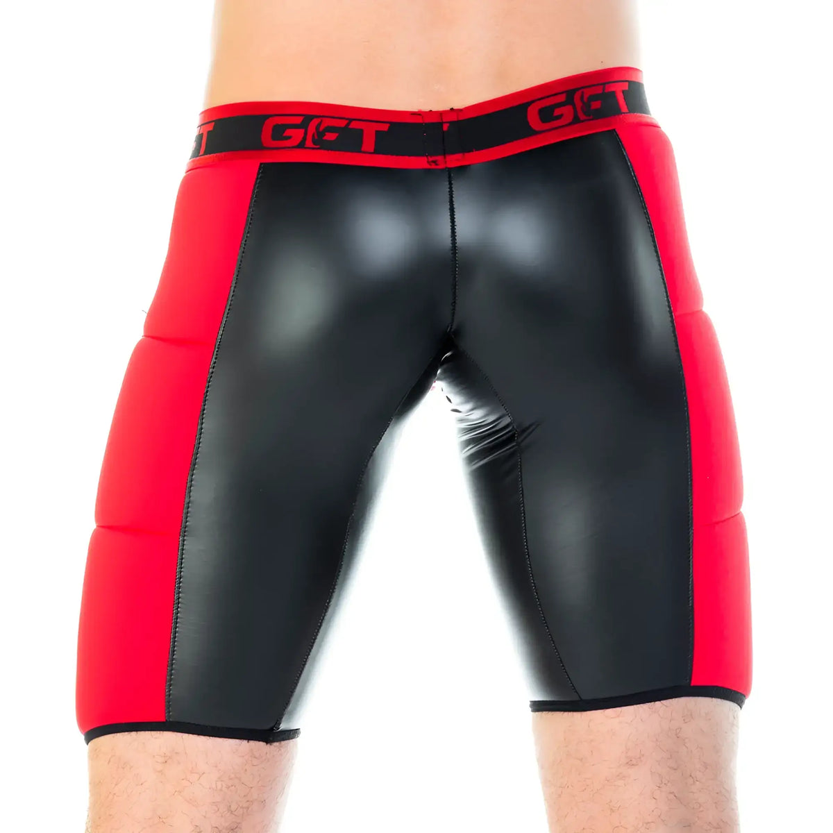 Black and red glossy padded shorts with a bold got logo on the waistband from gigo 2 fetiche red zipper trunk long