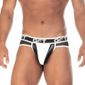 White and black gigo 2 fetiche athletic briefs with mesh waistband featuring bold get logo in white letters