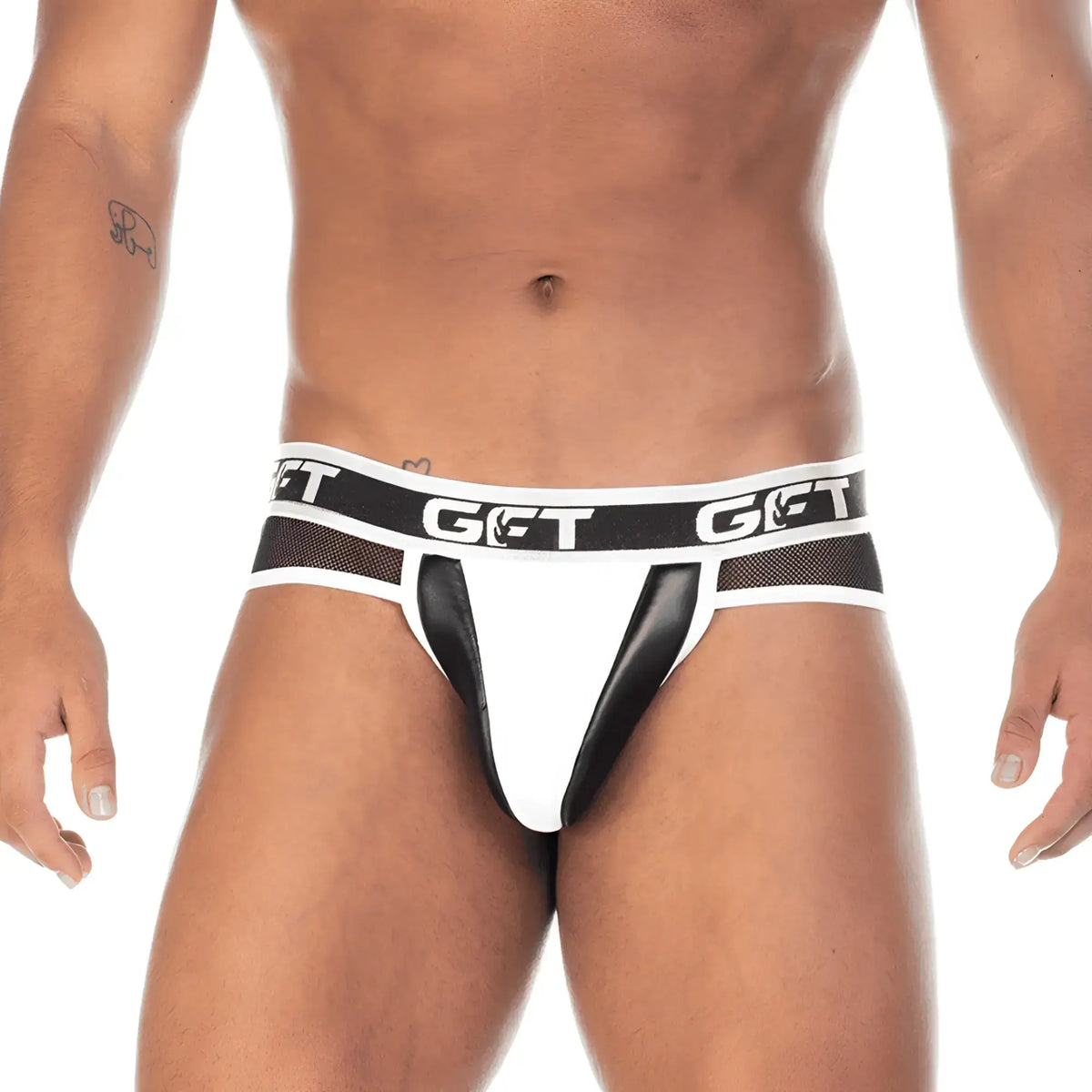 White and black gigo 2 fetiche athletic briefs with mesh waistband featuring bold get logo in white letters
