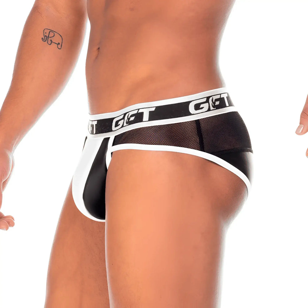 Black and white mesh briefs with a bold get logo band in the gigo 2 fetiche white brief design