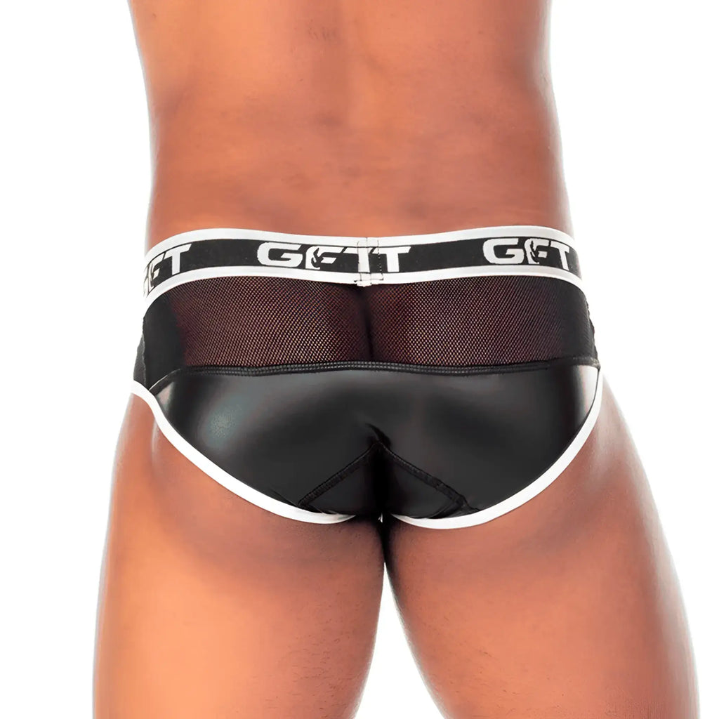 Black and white Gigo 2 Fetiche white brief with mesh trim and glossy faux leather back panel shown from the back