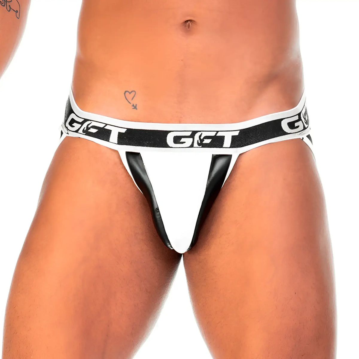 White and black GFT brand thong with a glossy faux leather finish in the Gigo 2 Fetiche White Jockstrap collection