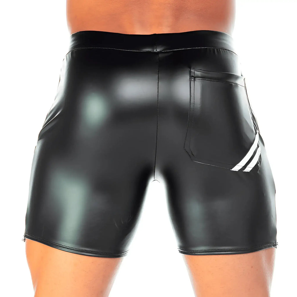 Black shiny faux leather shorts gigo 2 fetiche white short with white diagonal stripe on the side