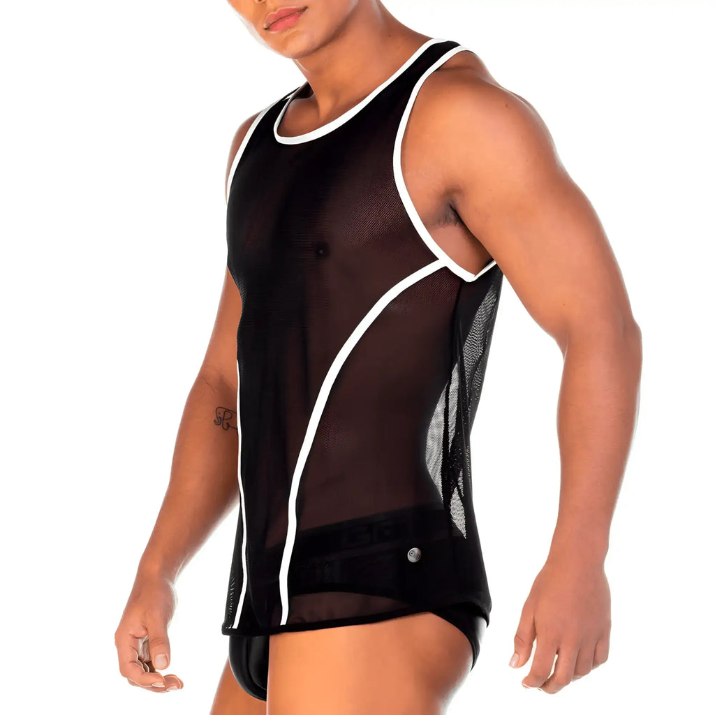 Black mesh tank top with white trim accents from gigo 2 fetiche white tank collection front view