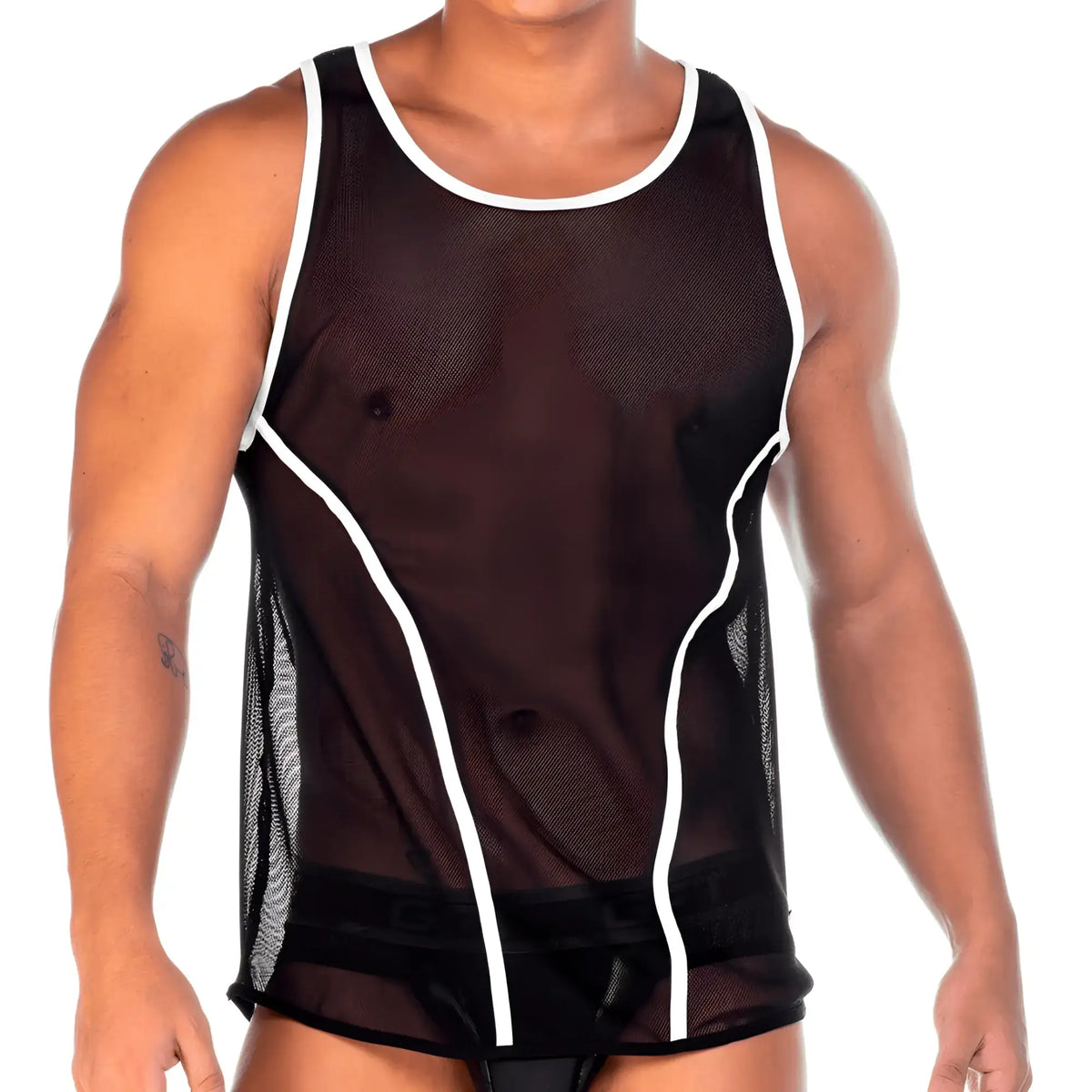 Black mesh tank top with white trim and side panels from gigo 2 fetiche white tank collection