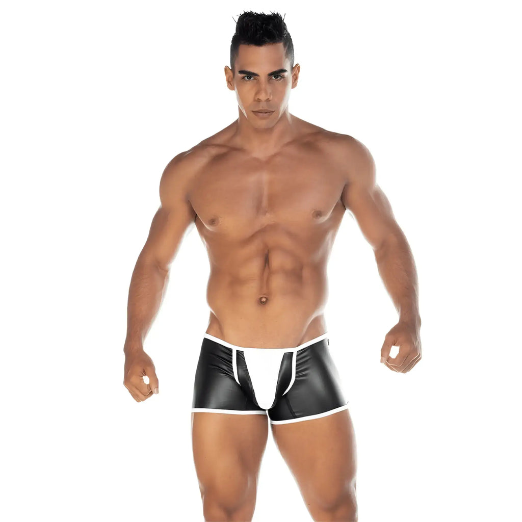 Gigo 2 Fetiche white trunk black and white faux leather briefs with sleek shiny finish for stylish comfort
