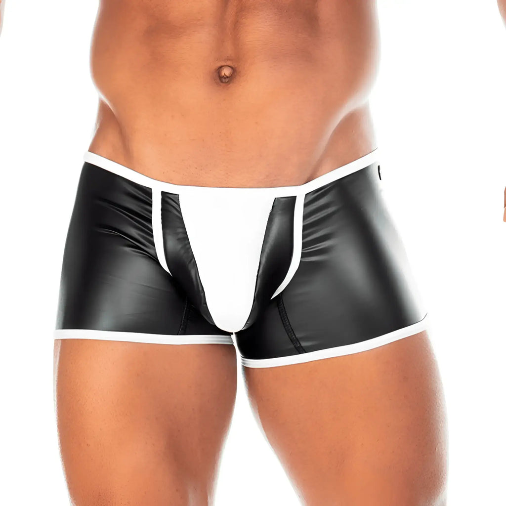Gigo 2 fetiche white trunk black and white faux leather briefs with sleek glossy finish front view