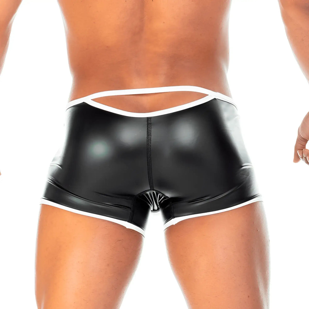 Black patent leather briefs with white trim and central seam in the gigo 2 fetiche white trunk design