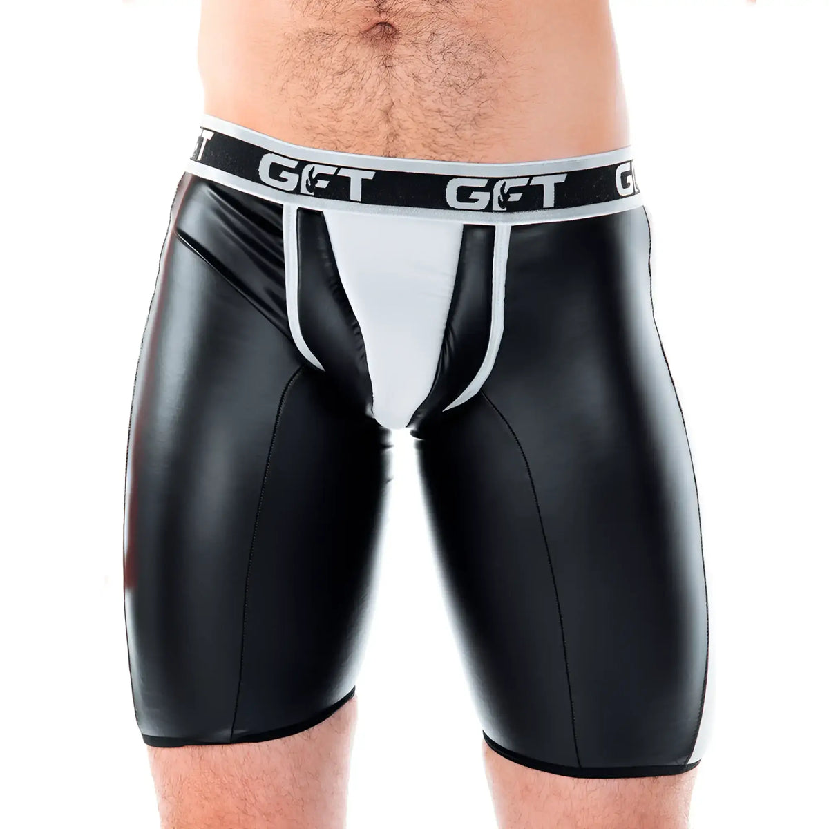 Black glossy faux leather briefs with white paneling and branded waistband from gigo 2 fetiche white trunk long