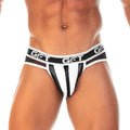 Black and white gigo 2 fetiche white zipper brief with central zipper detail and gft branding in front view