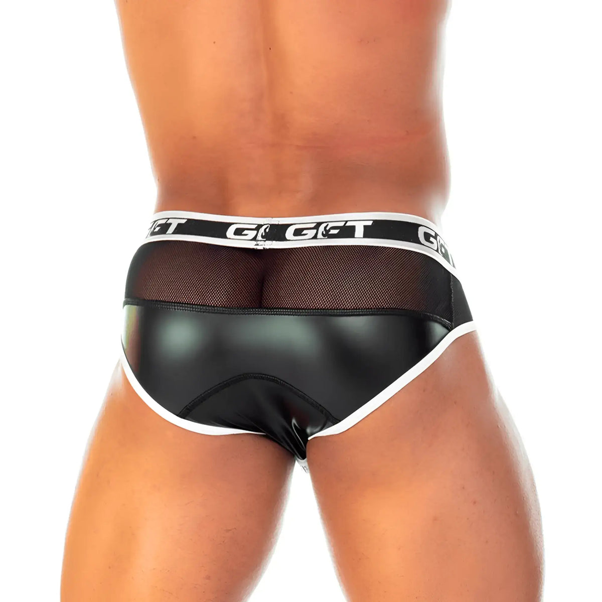 Black patent leather briefs with mesh back panel white trim and gft logo on waistband gigo 2 fetiche white zipper brief