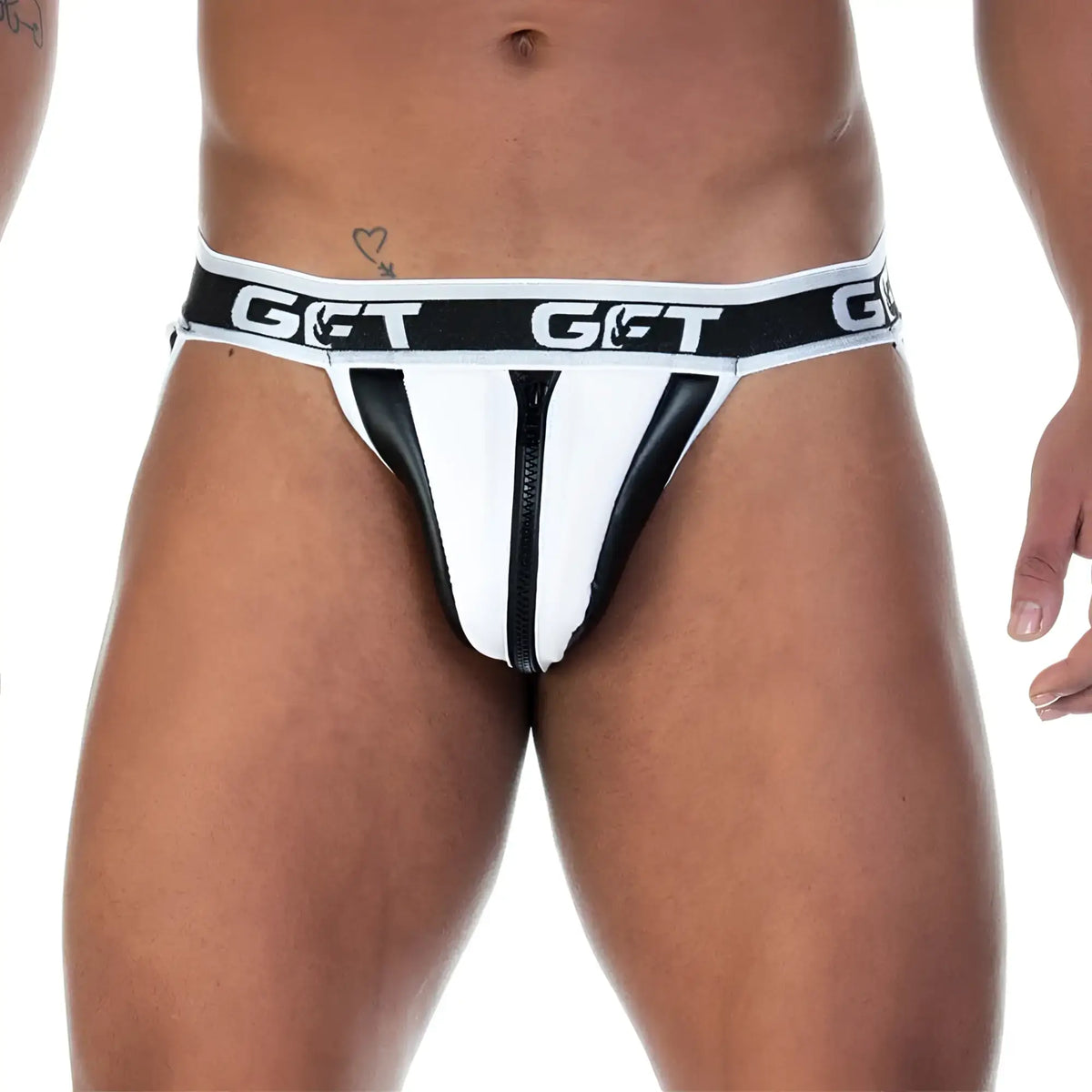 Black and white leather-like briefs with central zipper detail from gigo 2 fetiche white zipper jockstrap