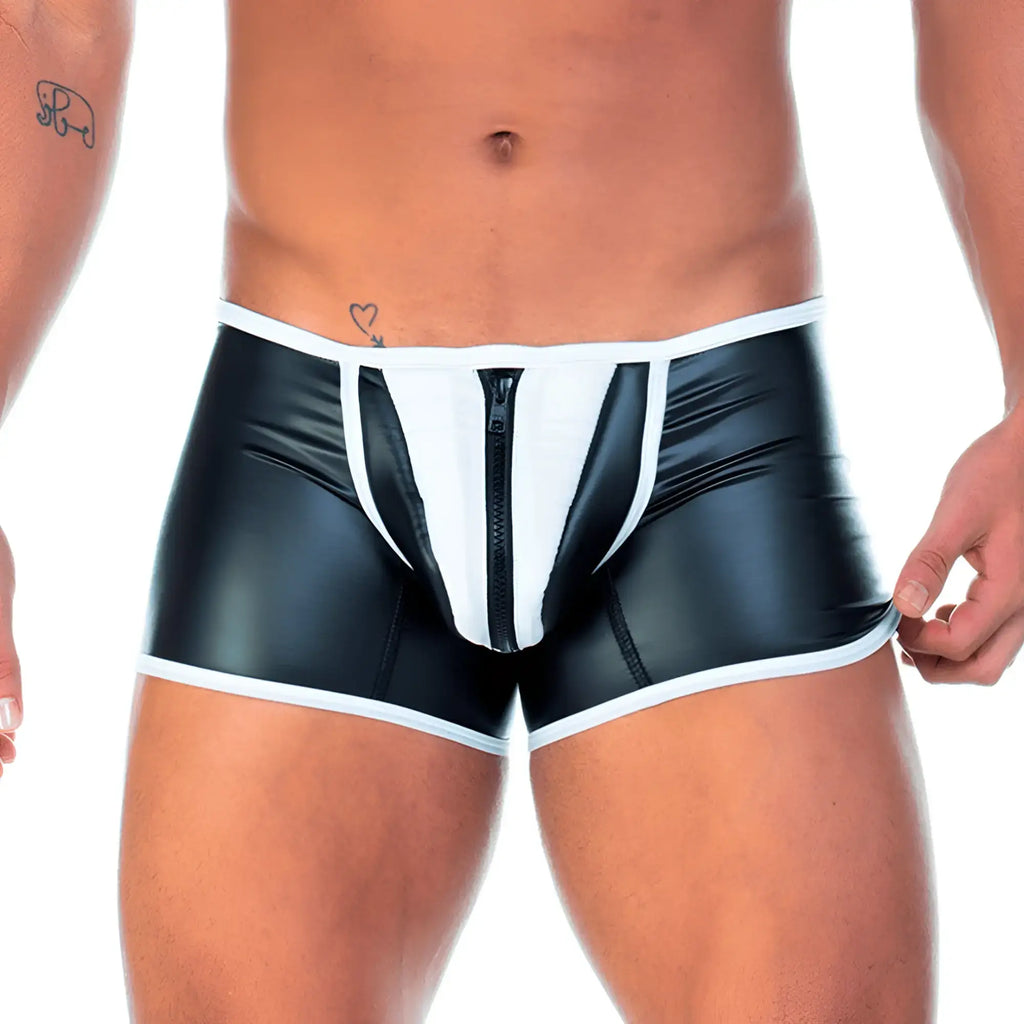 Black and white zip-front briefs with glossy faux-leather finish in Gigo 2 Fetiche white zipper trunk style