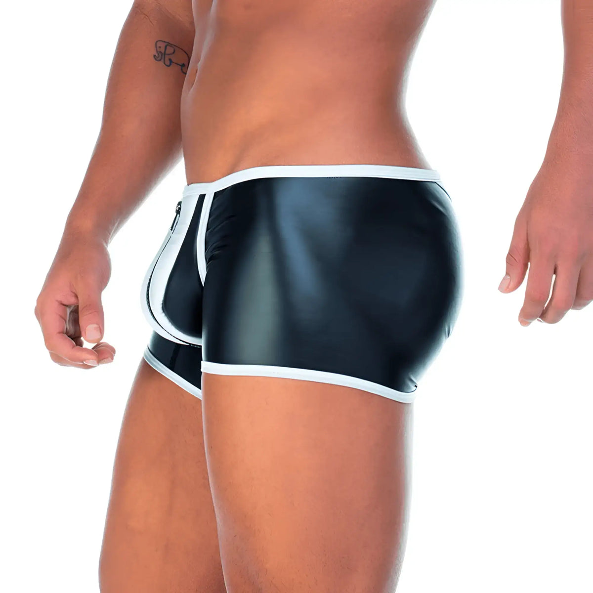 Black glossy latex briefs with white trim and side zipper from gigo 2 fetiche white zipper trunk collection