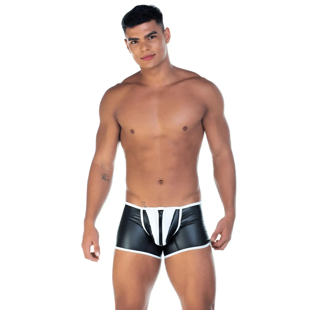 Black and white shiny faux leather briefs with central zipper from Gigo 2 Fetiche white zipper trunk collection