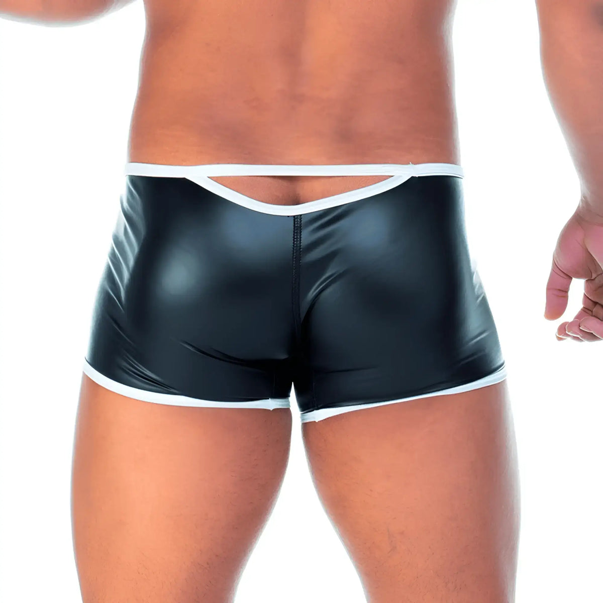 Black patent leather shorts with white trim featuring a white zipper from the gigo 2 fetiche trunk collection