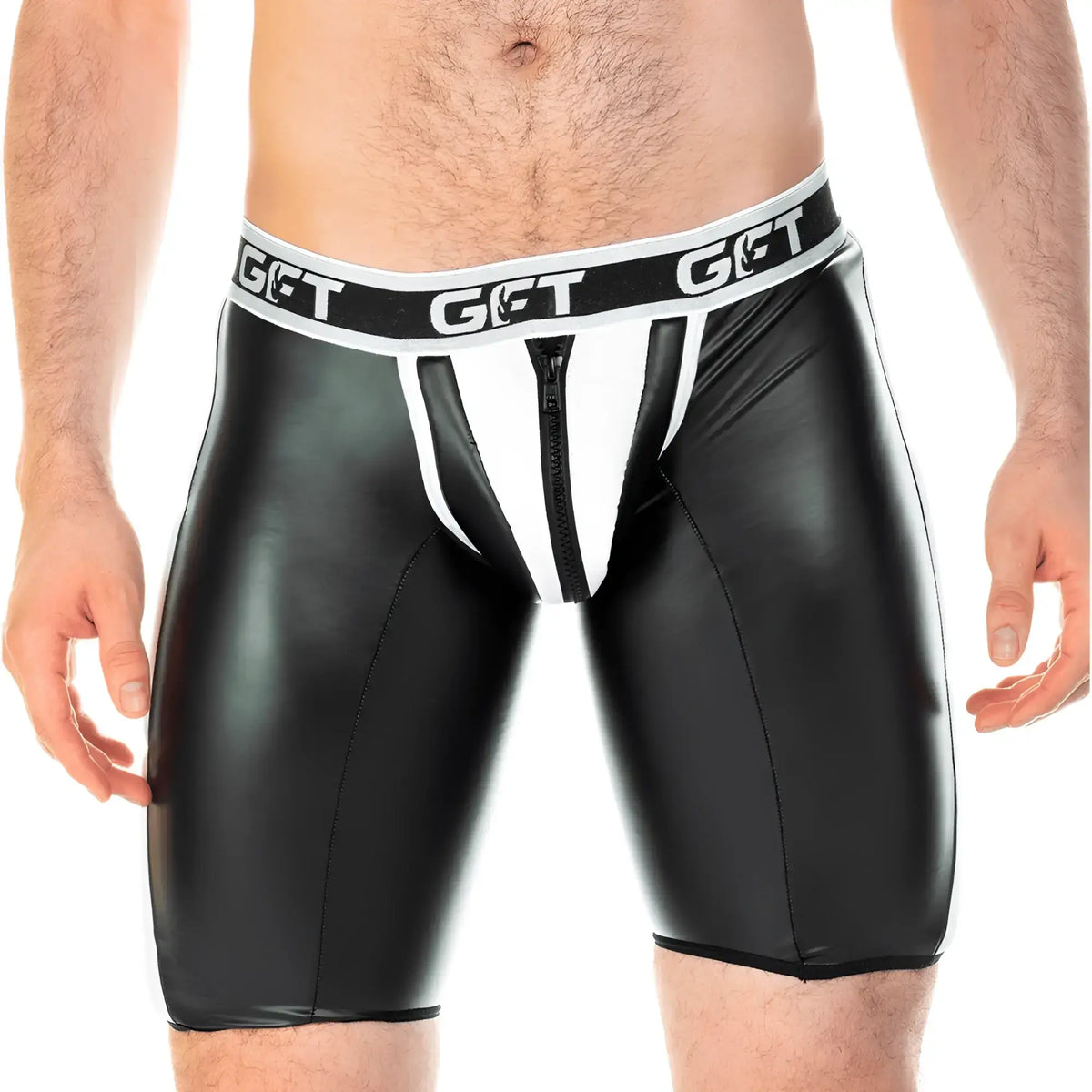Black and white faux leather briefs with front zipper and get branded waistband gigo 2 fetiche white zipper trunk long