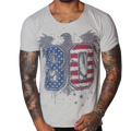 Light grey, scoop-neck t-shirt featuring a distressed eagle graphic with a US flag-themed "80" print.