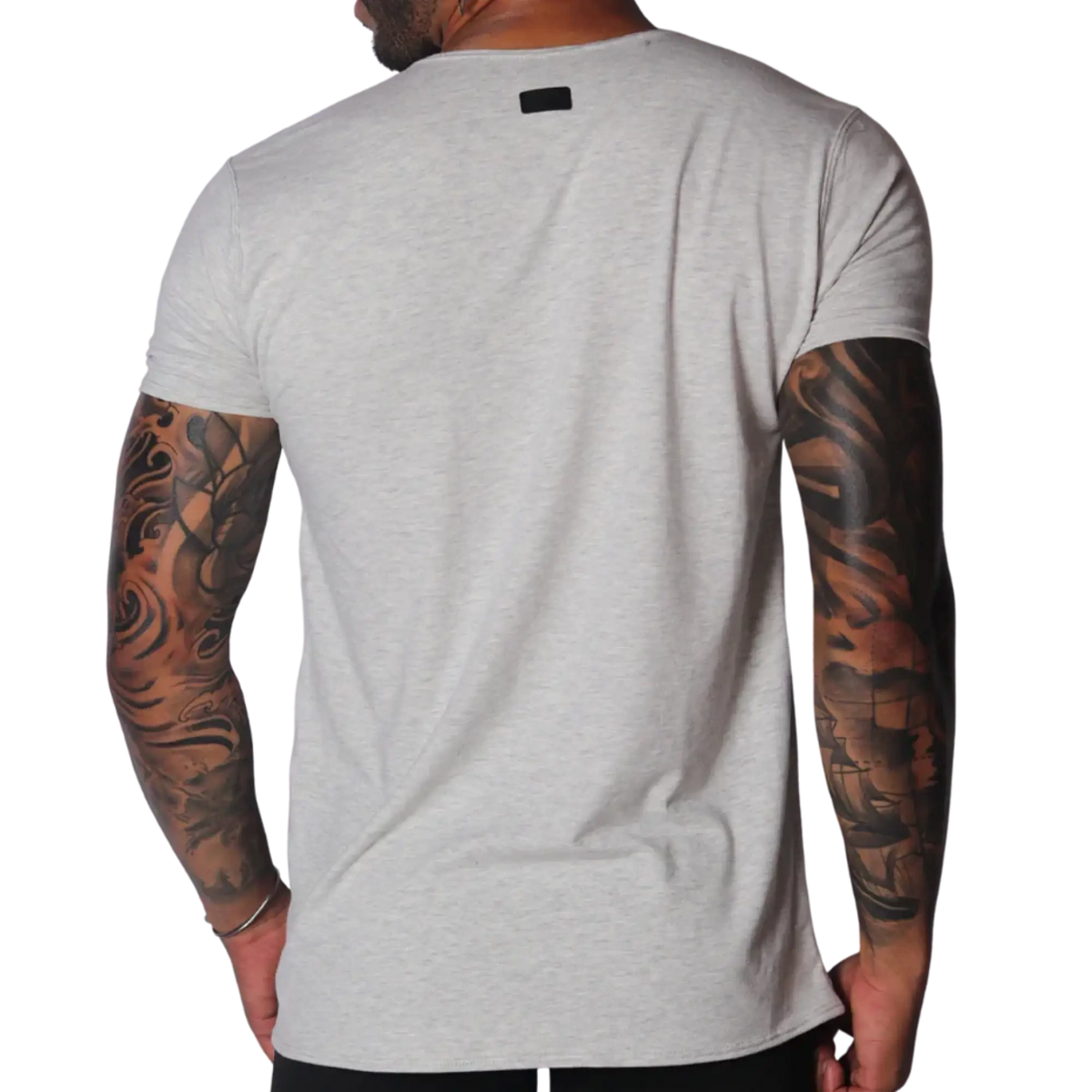 Light gray marled short-sleeve crew neck t-shirt with a small black brand tab on the back of the neck.
