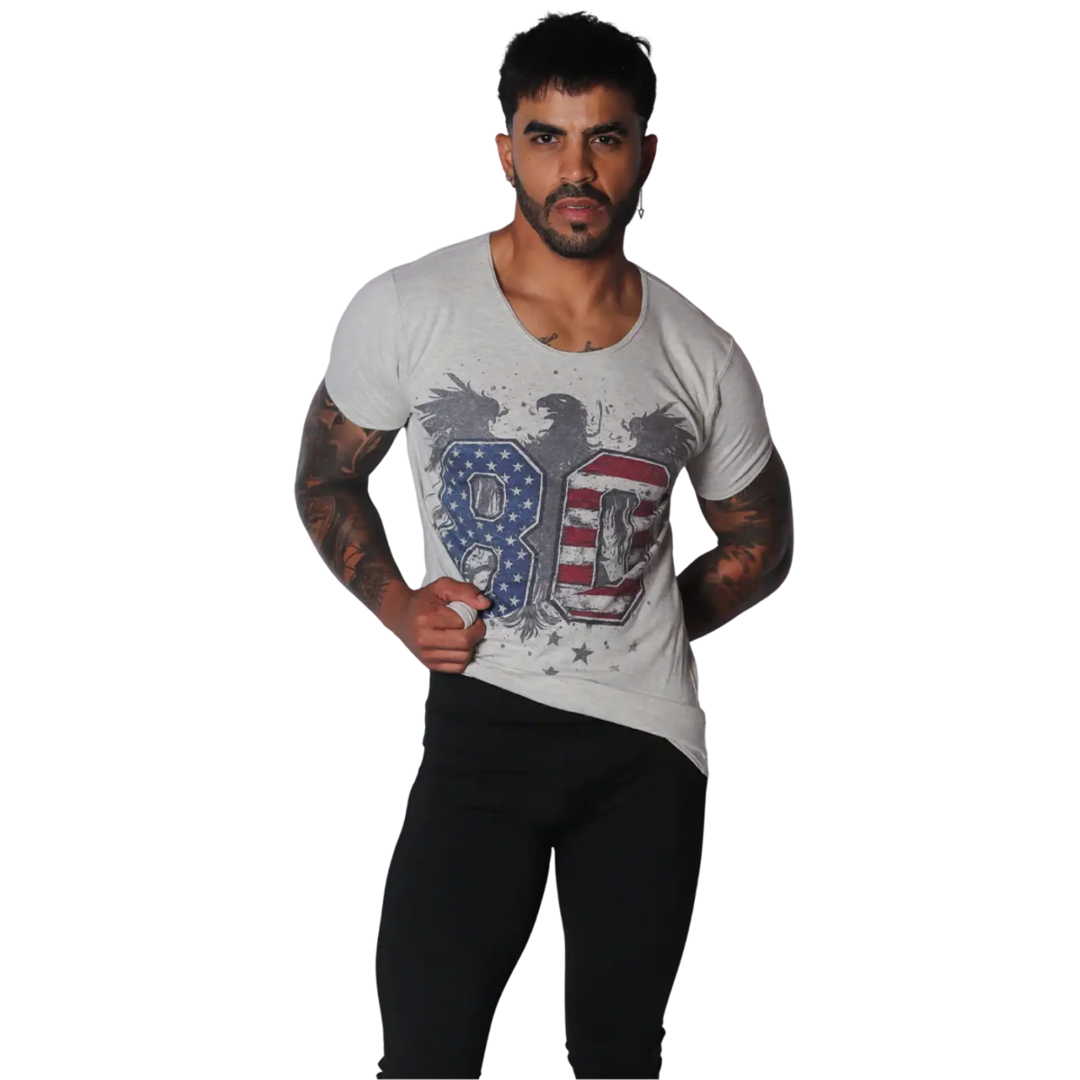 Light gray short-sleeve T-shirt with a distressed eagle graphic featuring a patriotic 80 design, scoop neckline.