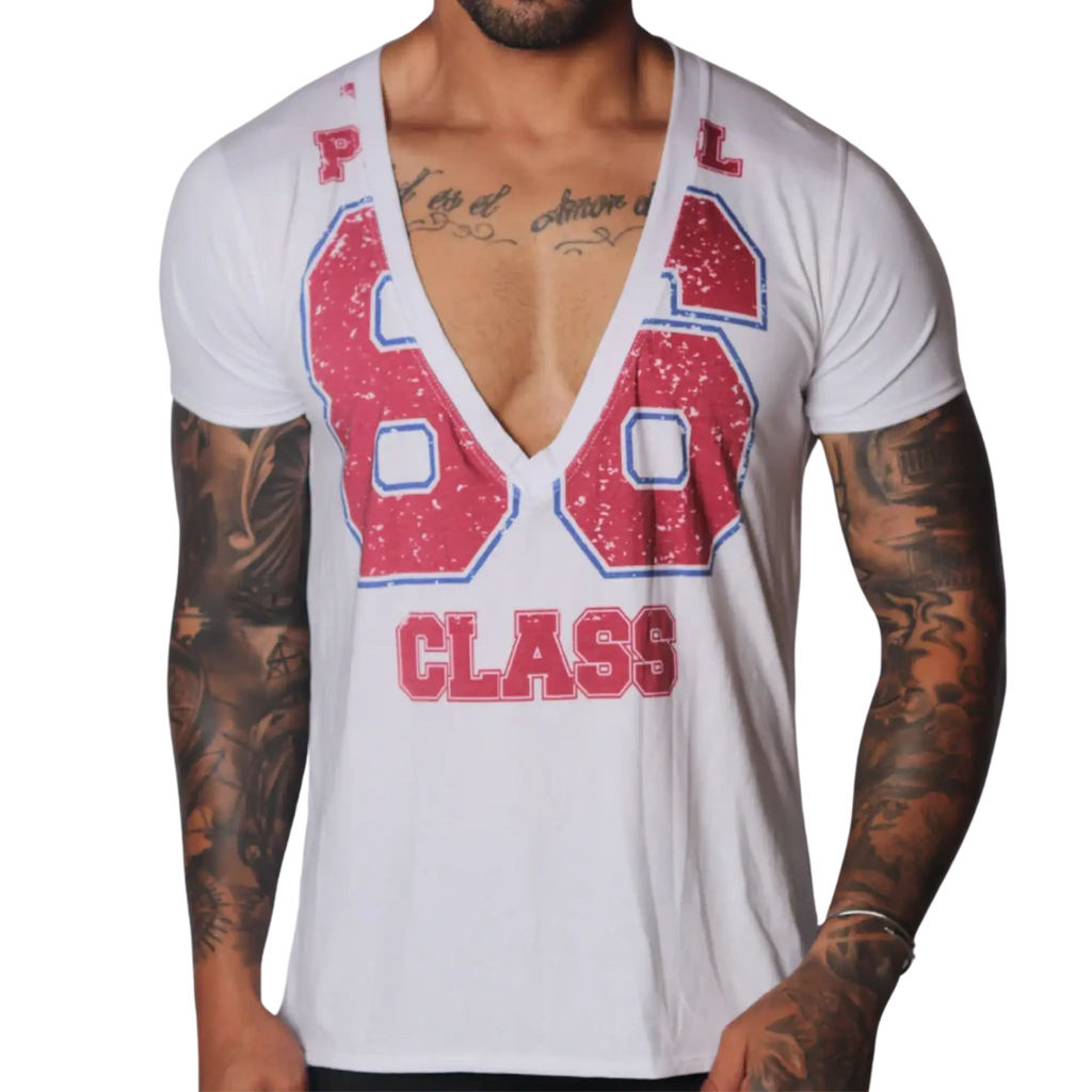 White deep V-neck T-shirt with a distressed red and blue "86 CLASS" graphic print on the front.