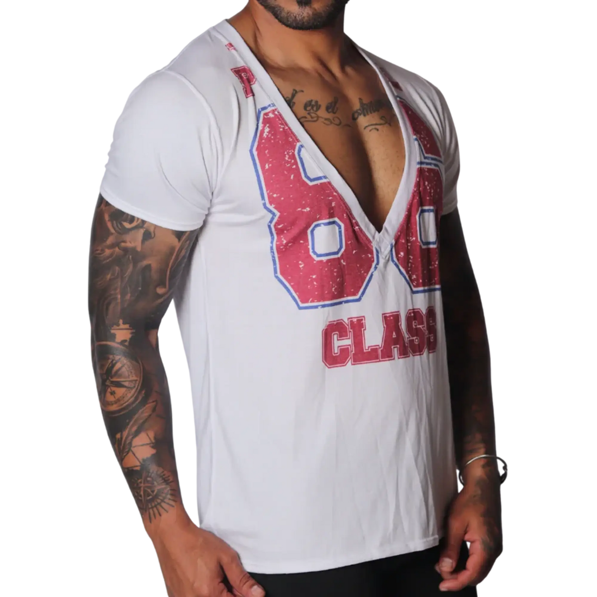 White deep V-neck T-shirt with a distressed red and blue "86 CLASS" graphic print.