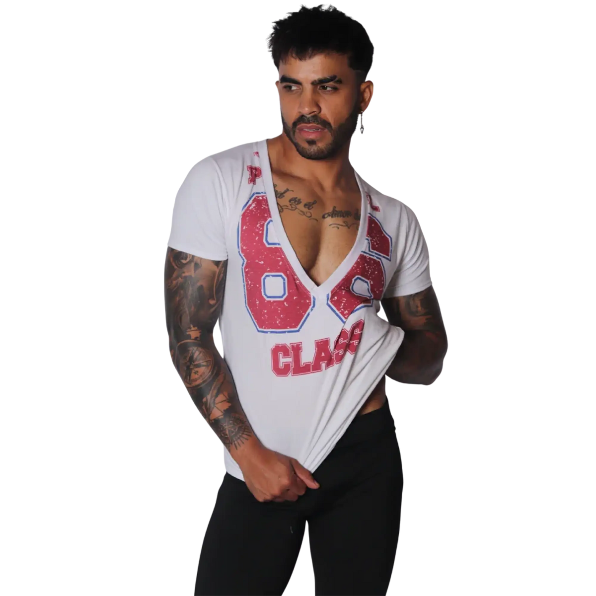 White short-sleeve V-neck t-shirt with distressed red "86 CLASS" graphic print on chest.