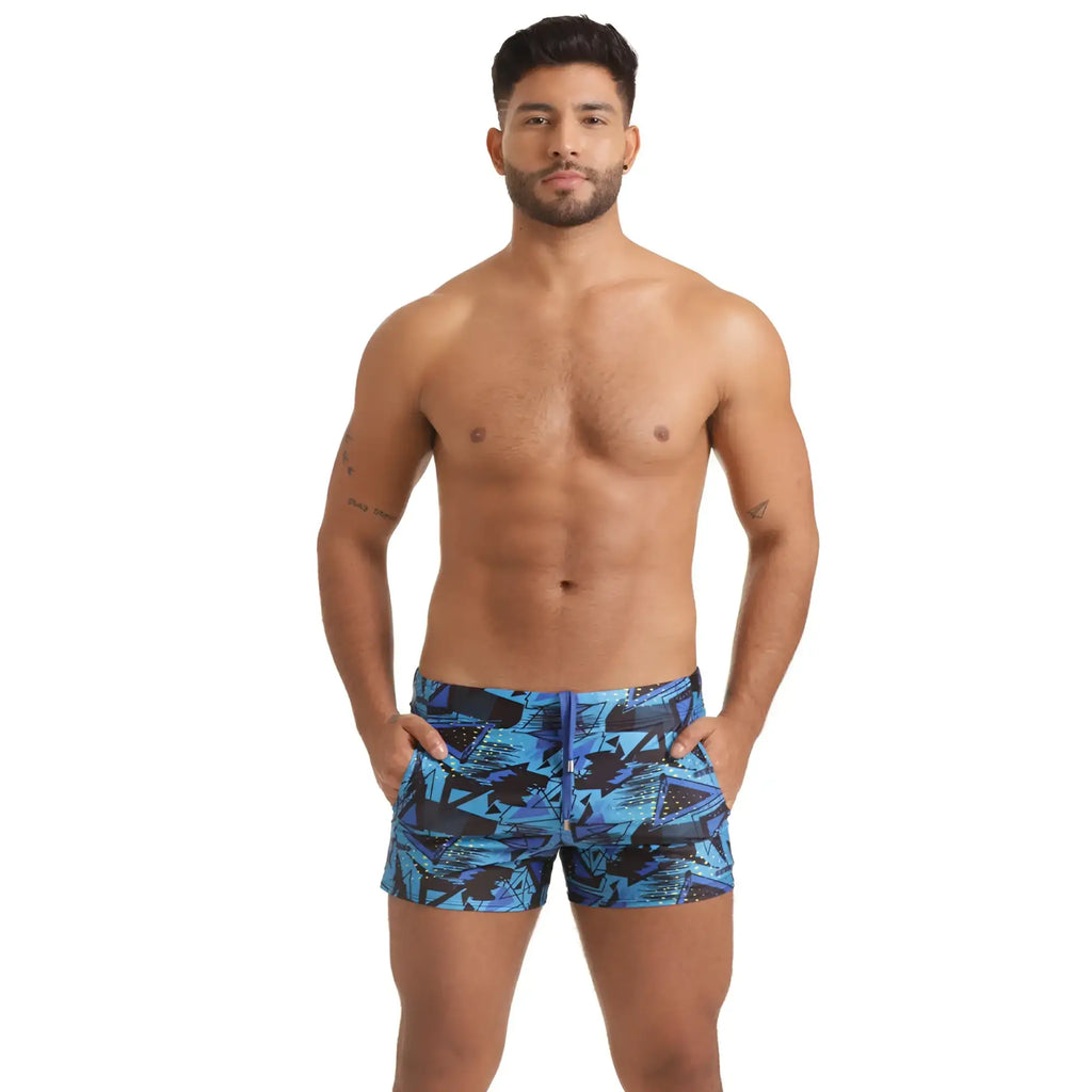 Gigo Abstract Beachwear blue and black geometric-patterned swim trunks designed for stylish beachwear use