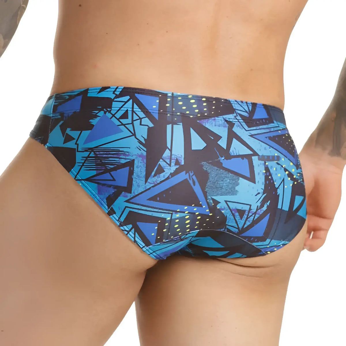 Gigo abstract swim brief in blue and black geometric pattern with modern graffiti-inspired design for swimming