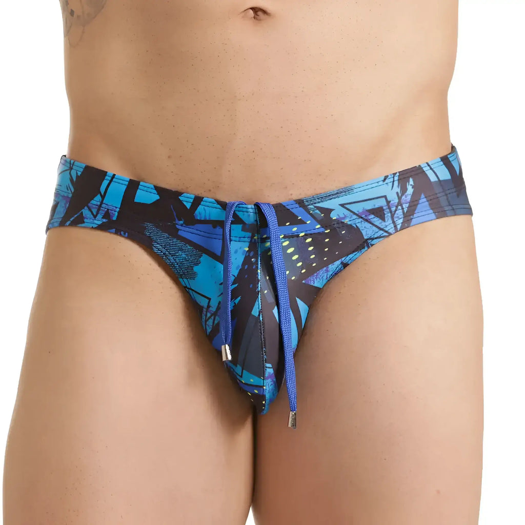 Blue and black abstract patterned gigo swim brief with matching drawstring designed for swimming and beachwear